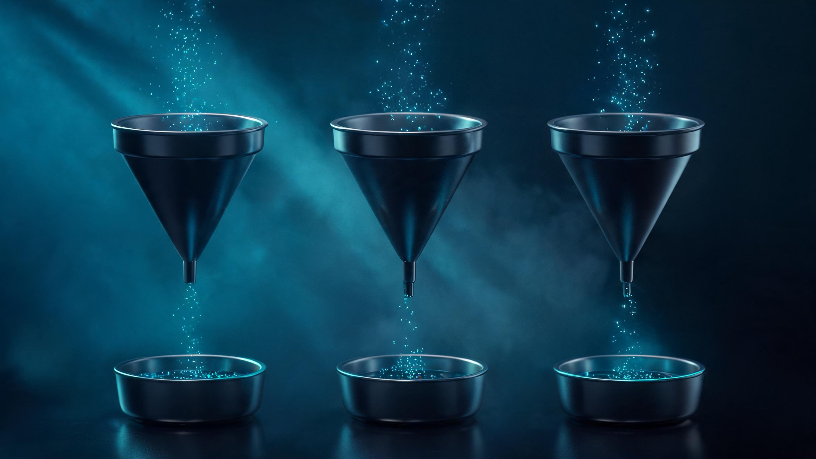 Three distinct narrow funnels, each channeling sparse particles into small, separate measurable pools, symbolizing separate observation of AI traffic conversion by channel