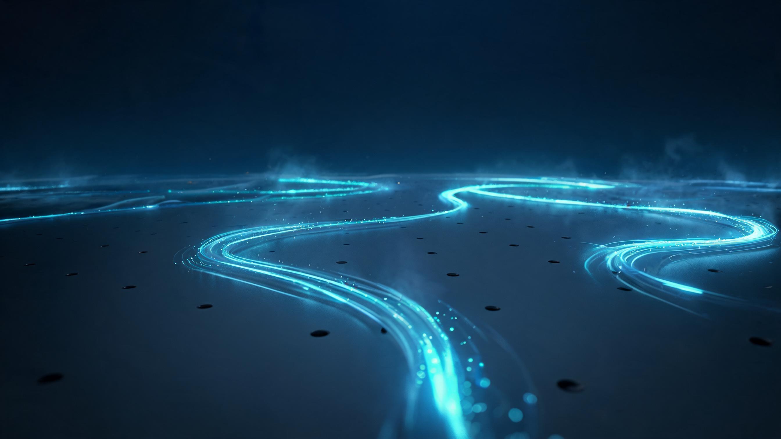 Dark substrate with embedded receptors; luminous trails mark particle traversal paths, representing crawl logs recording AI crawlers' visits and retrieved content