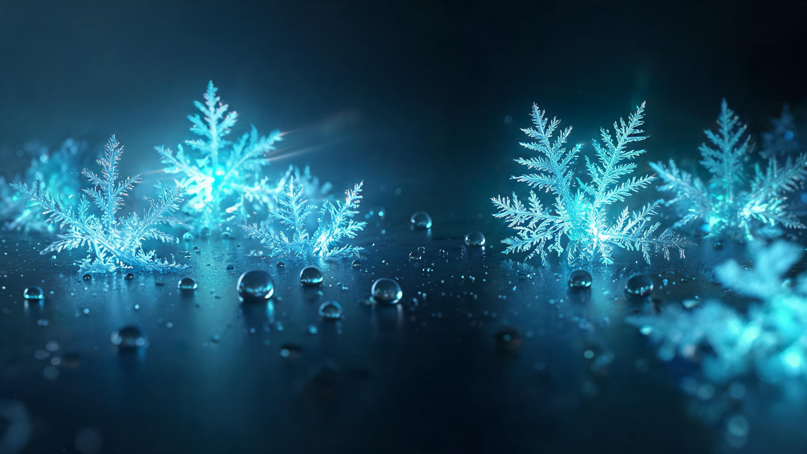 Dark surface with scattered droplets; dense clusters freeze into luminous branching frost, representing impressions (droplets) as the prerequisite for clicks (frost).