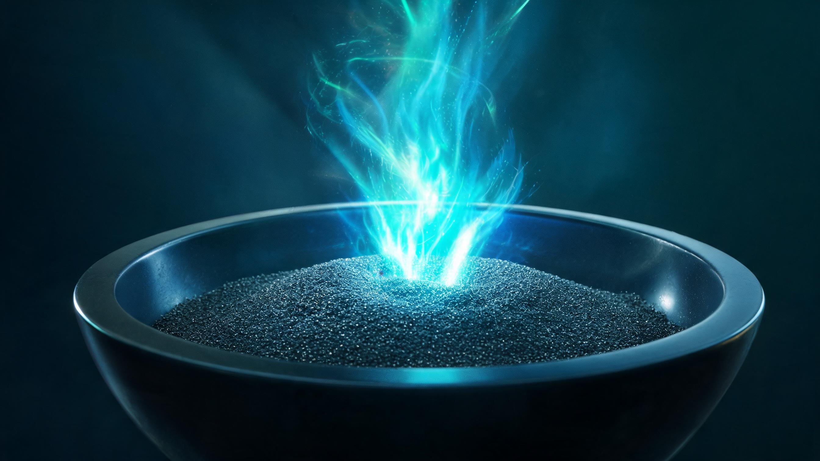 In dark space, a lower basin accumulates measurable particles; sufficient density triggers an upper luminous surge, symbolizing GEO's validation phase accumulating mentions to drive formal-stage natural traffic growth