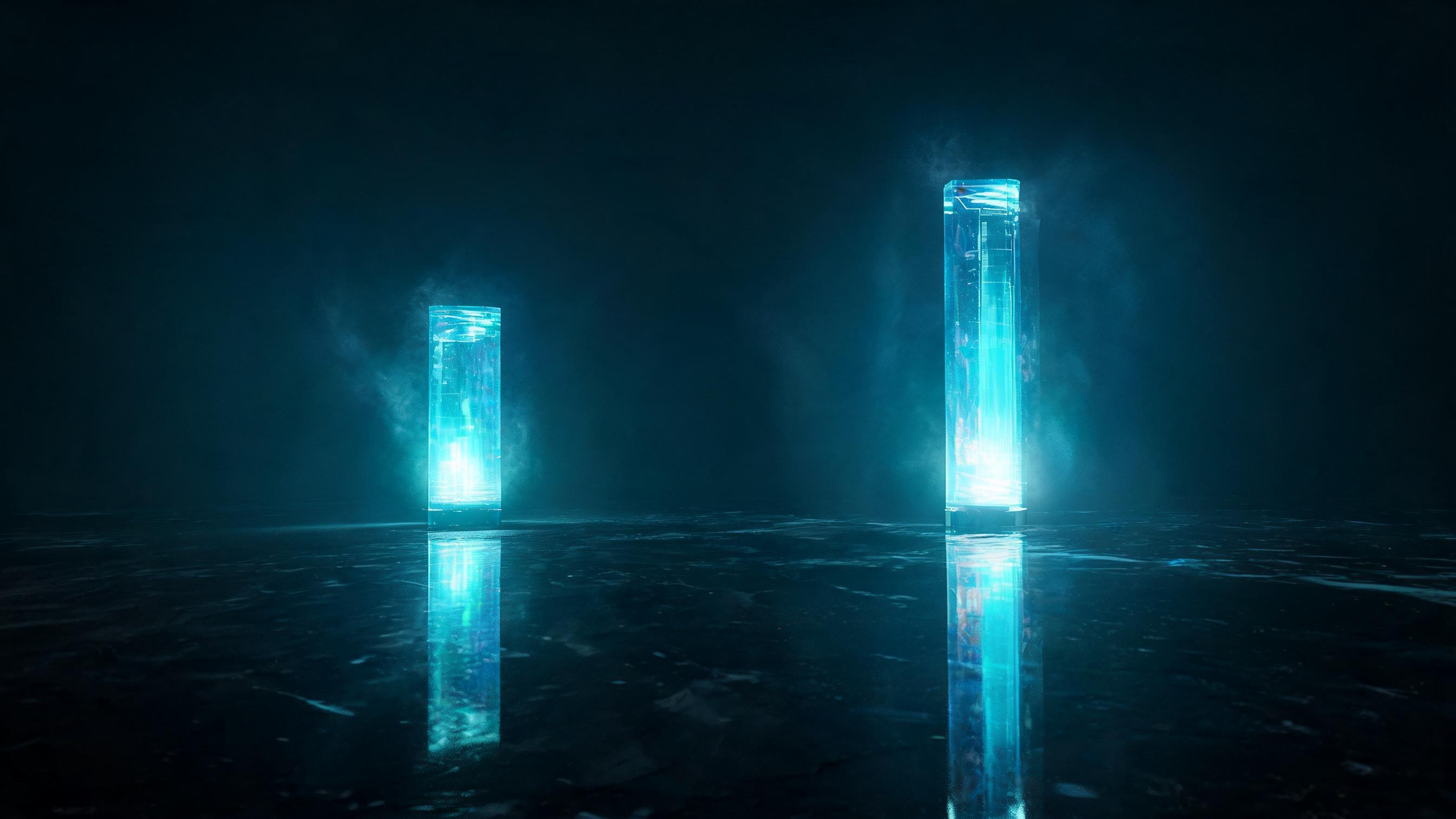 Two separate luminous columns of different height standing apart on a dark reflective plane, each with its own reflection, representing two metrics kept separate.