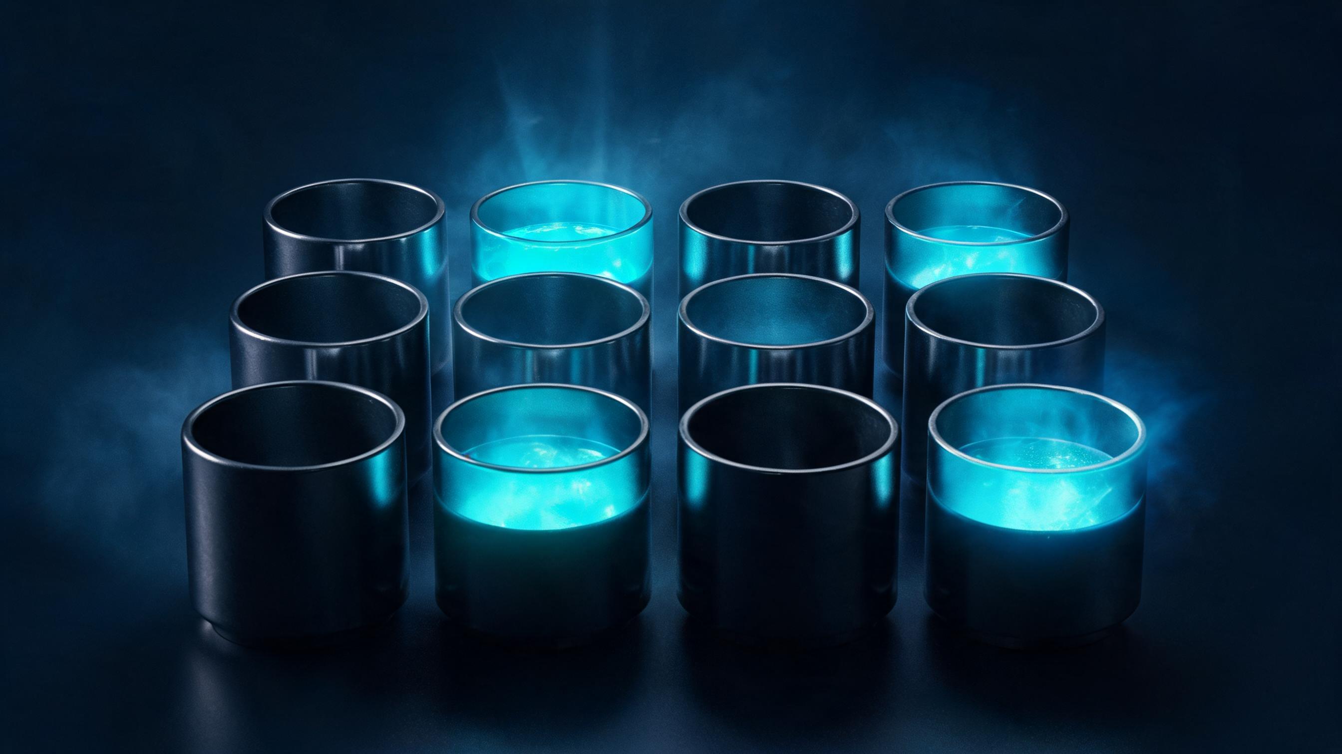 Fixed array of identical hollow vessels, some containing luminous liquid and others empty, symbolizing the relationship between the fixed question set (denominator) and brand mention proportion (numerator) in mention rate.