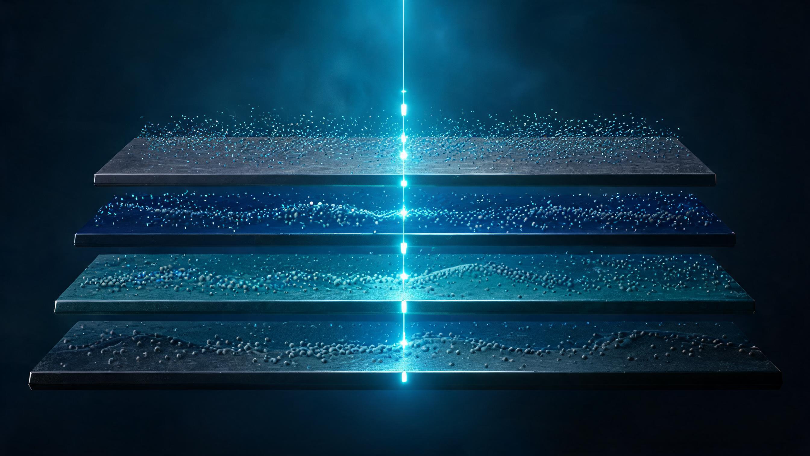 Four stratified layers with distinct particle oscillation rates; central axis glows at interval alignment, representing distinguishing layer changes and frequency matching in AI search visibility monitoring