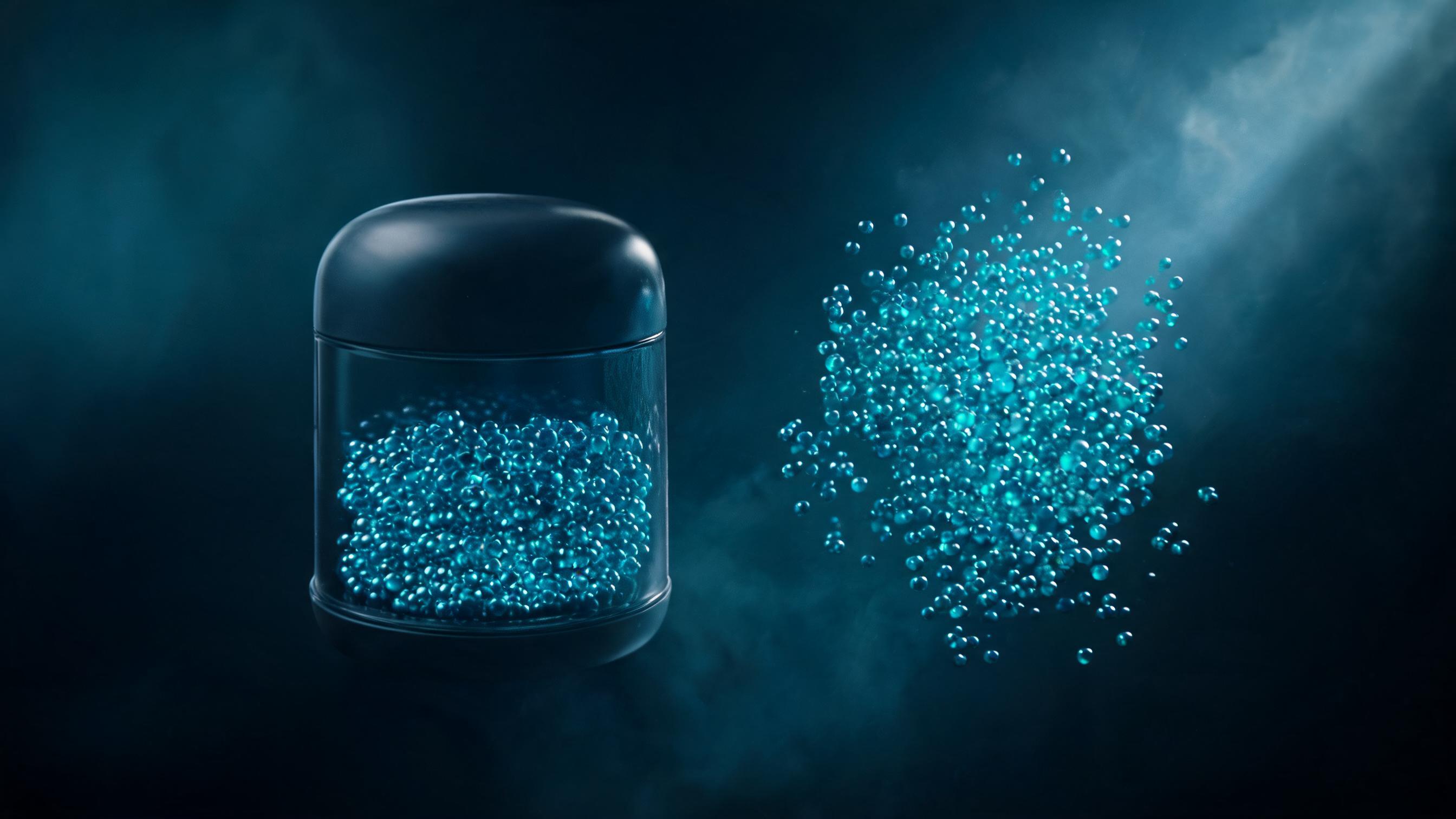 A rigid sealed vessel contains fixed particles; nearby loose particles form an expanding cloud with no mixing, representing the fixed monitoring prompt sets and expandable topic selection question banks