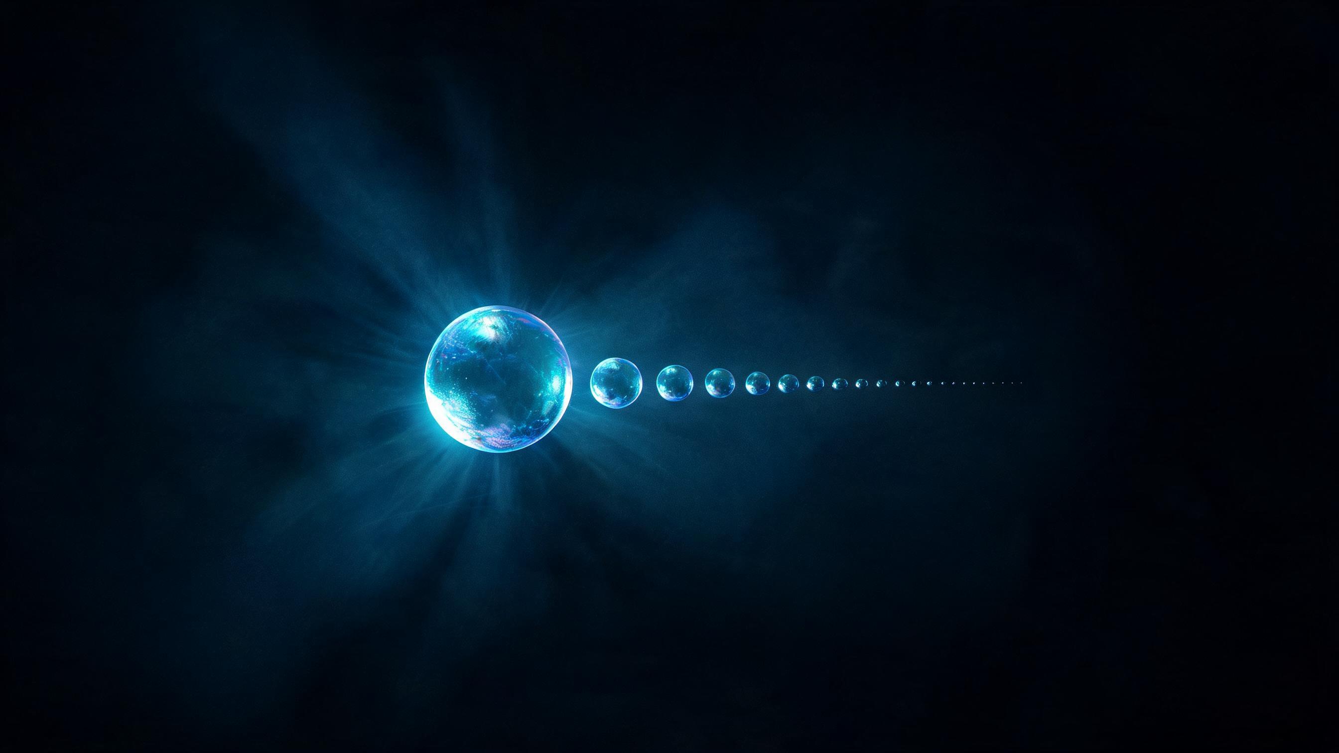 A bright central sphere followed by a long tail of rapidly diminishing spheres fading into darkness, none dominant, representing a long-tailed citation distribution.