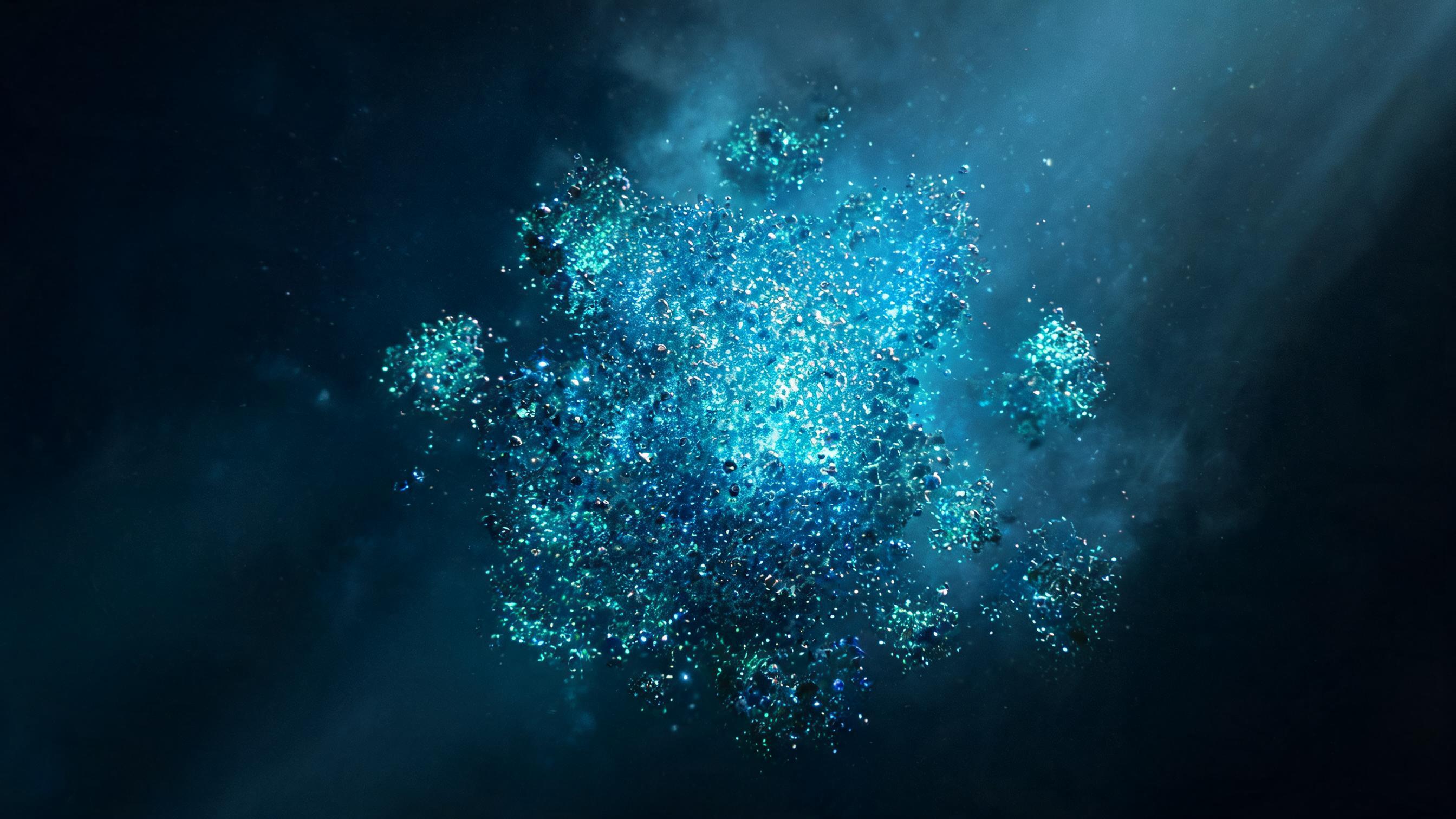 A dense particle cloud with varied sub-clusters, where one sub-cluster's density dominates the total mass, representing a brand's mention proportion among all brands' total mentions