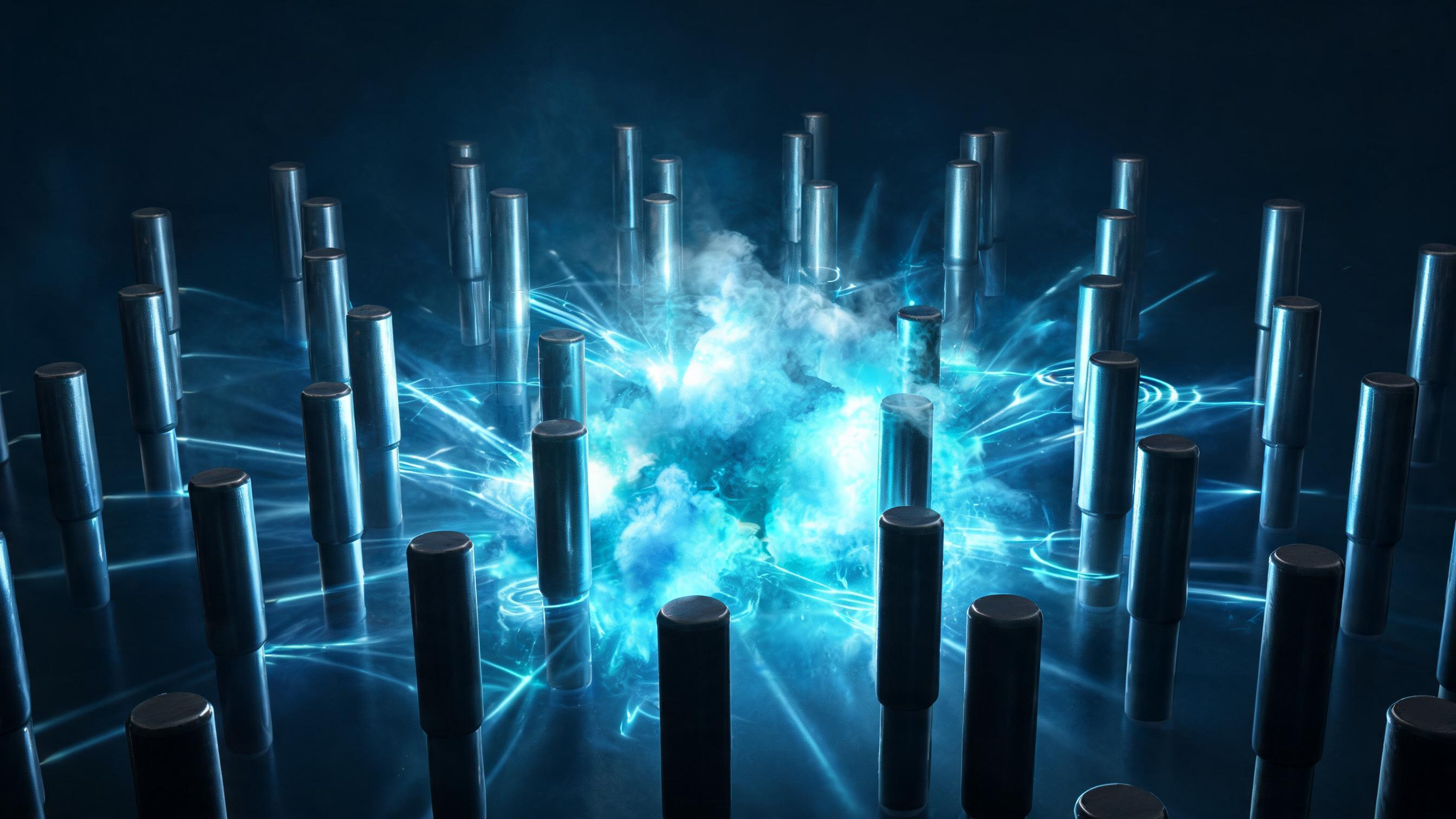 Fixed array of identical probes emit periodic pulses; collisions form a dense, shifting cloud, representing the distribution of fixed question sets in AI search over multiple samplings