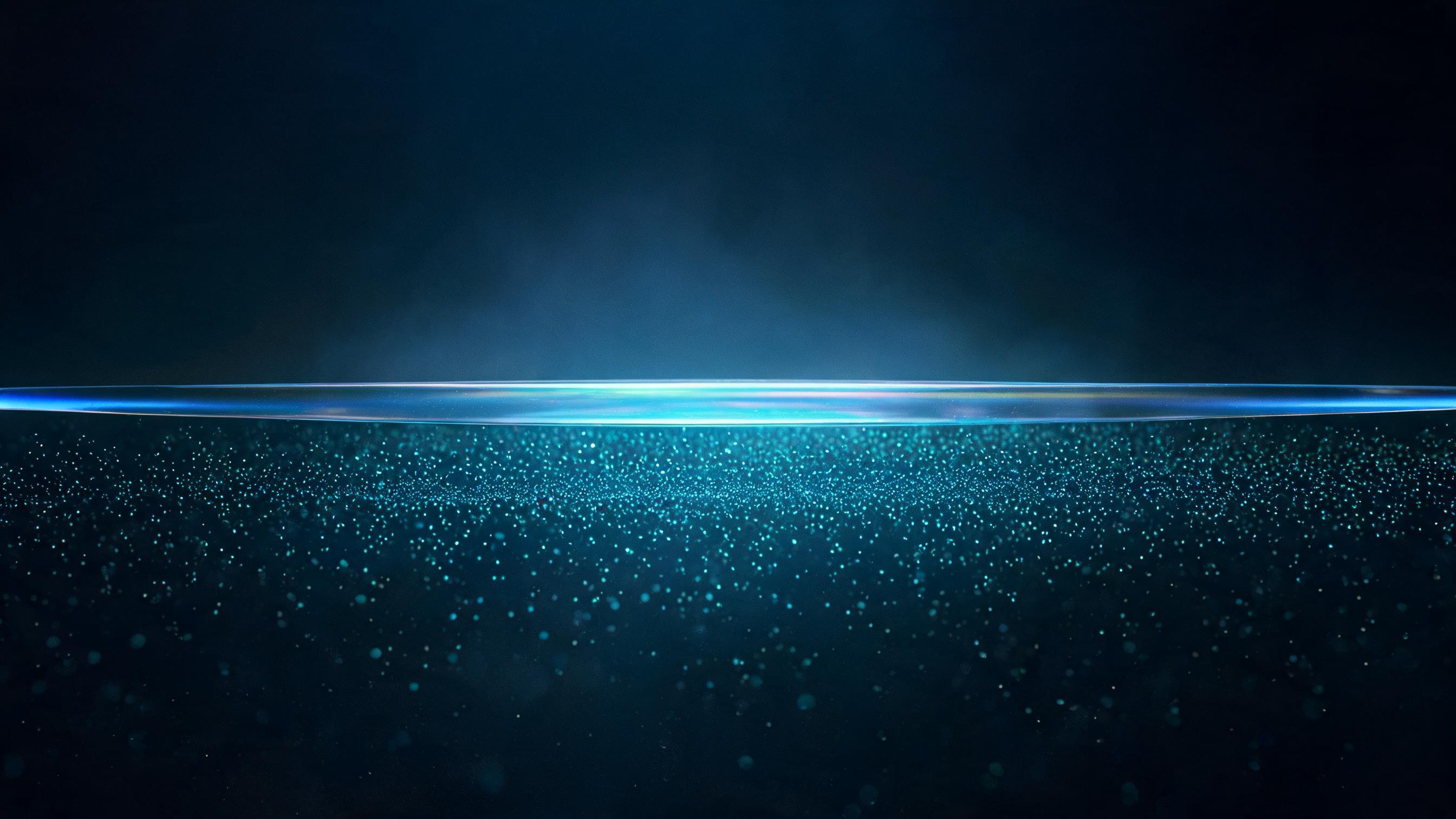 In dark space, a thin luminous membrane evenly reflects the glow of stationary dim particles below, with no upward flow, representing zero-click scenarios where information is seen but not clicked